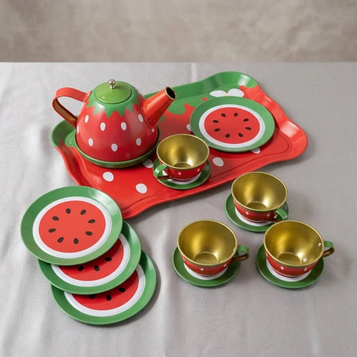 Tea Set Metal Pretend Play for Kids – 14-Piece Watermelon Tea Party Toy