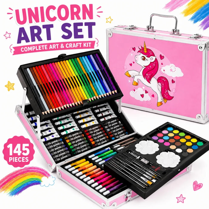145-Piece Unicorn Art Set for Kids – Pink Portable Art & Craft Kit with Colored Pencils, Markers, Oil Pastels & Watercolors