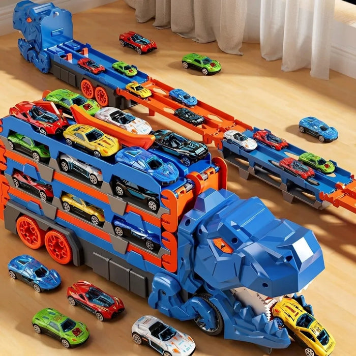 2-in-1 Foldable Dinosaur Truck with 6 Cars & Racing Track
