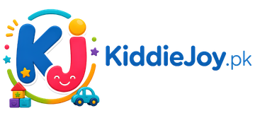 A colorful logo for KidieJoy.pk featuring the letters 'K' and 'J' in blue and pink with playful children's toy and car illustrations, alongside the text 'KiddieJoy.