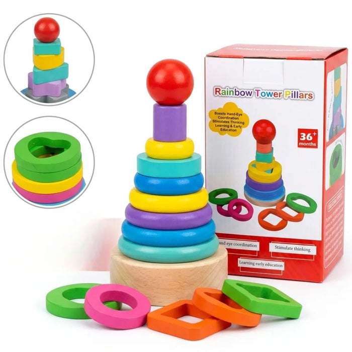 Rainbow Shape Sorting & Stacking Tower Wooden Educational Toy for Kids