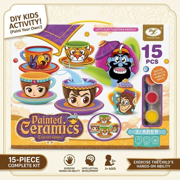 DIY Painted Aladdin Ceramic Tea Set for Kids – 15Pcs Creative Painting Kit