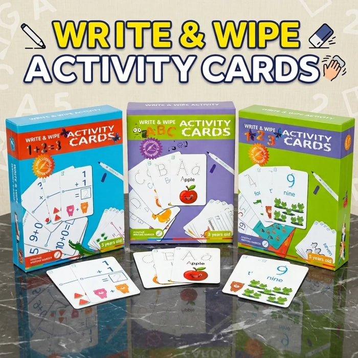 ABC, 123 & Addition Subtraction Write-and-Wipe Learning Cards for Kids